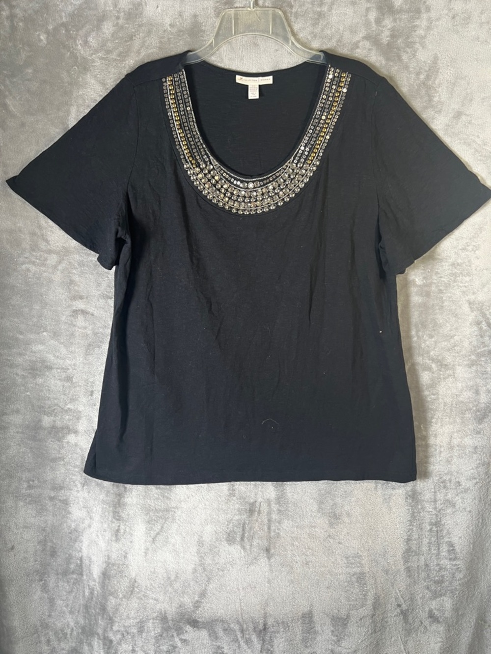 JM Collection Black Short-Sleeve Top with Jeweled Scoop Neck